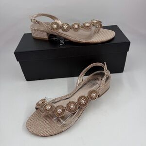 Adrianna Papell Daisy Gold & Pearl Embellished -SZ 7 M- Thong Flat Sandals